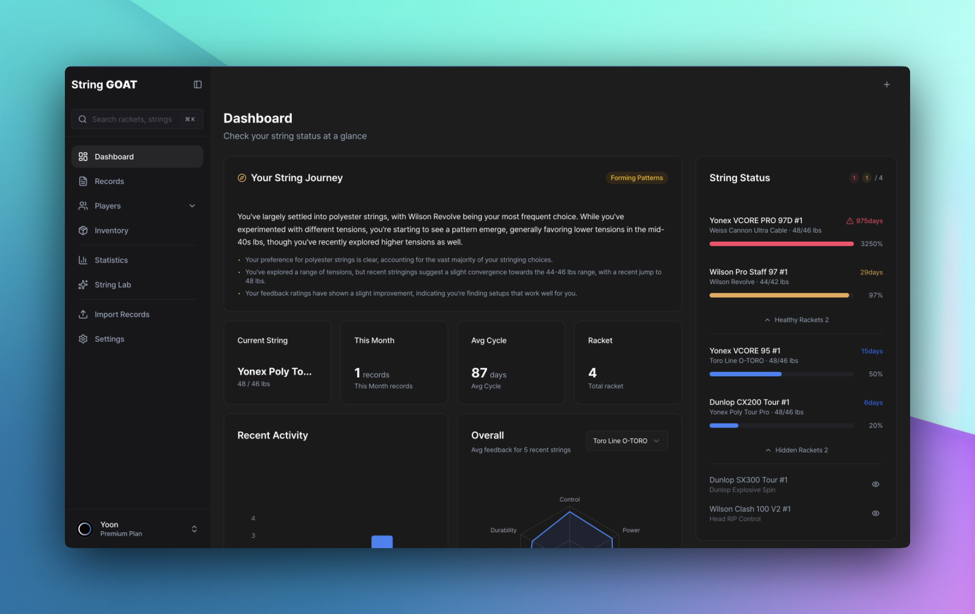 String GOAT 웹 대시보드 — AI 스트링 분석, 라켓 상태, 피드백 차트를 한 화면에서 확인
